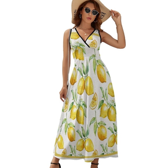 Watercolor Yellow Fruit Lemon Dress Fashion Boho Beach Long Dresses Female Party Printed Maxi Dress