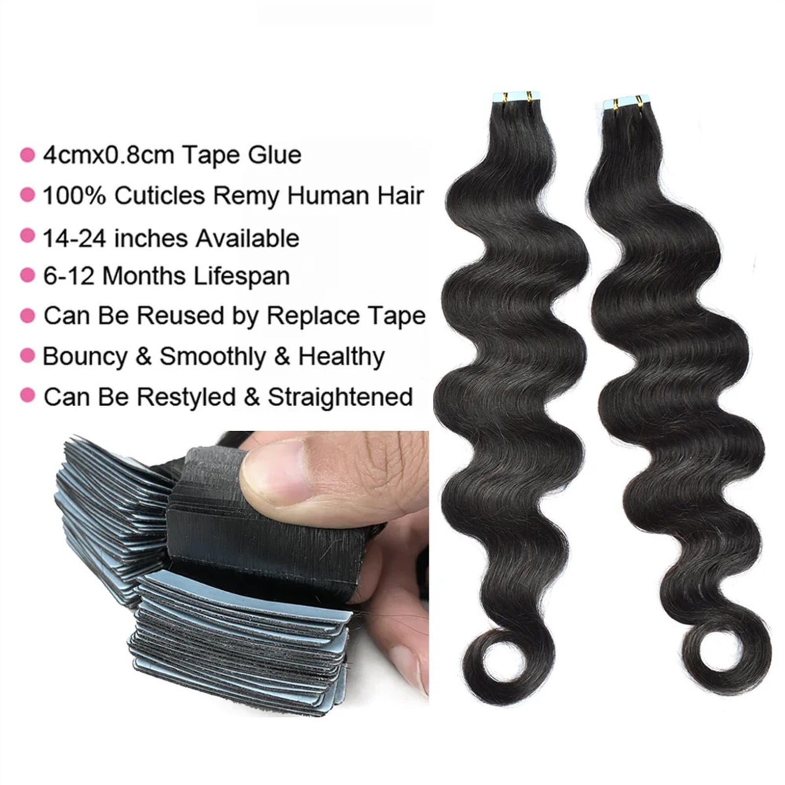 Body Wave Tape in Hair Extensions Human Hair, Black Natural Hair Body Wave Tape in Hair Extensions Tape in Real Hair Thick End Skin Wefts