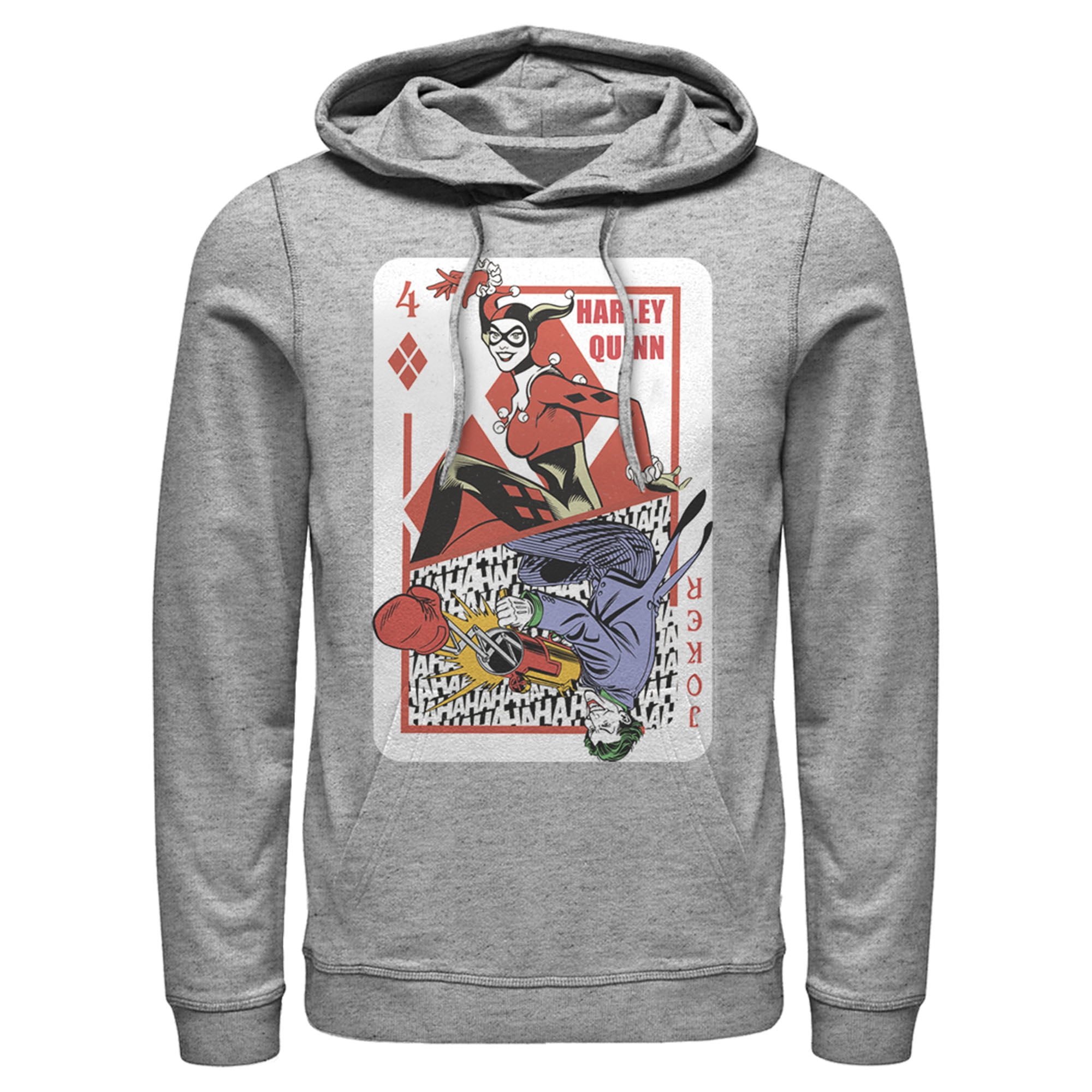 Men s Batman Harley Quinn Joker Poker Card Pull Over Hoodie Athletic Heather Large Walmart