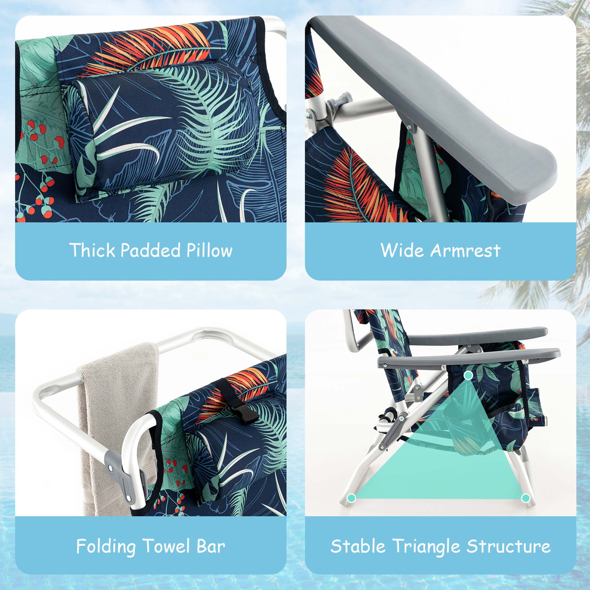 Costway 2-Pack Folding Backpack Beach Chair Table Set 5-Position Outdoor Reclining Chair Printed
