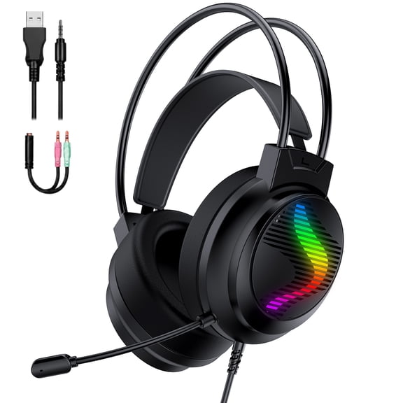 Gaming Headset with Microphone for PS4/PS5/Xbox/Switch/PC, Over-Ear Headphones, 50mm Drivers, Surround Sound, Noise-Cancelling Mic, 240g Lightweight Design, Tri-Color RGB Lighting, Wired Headset