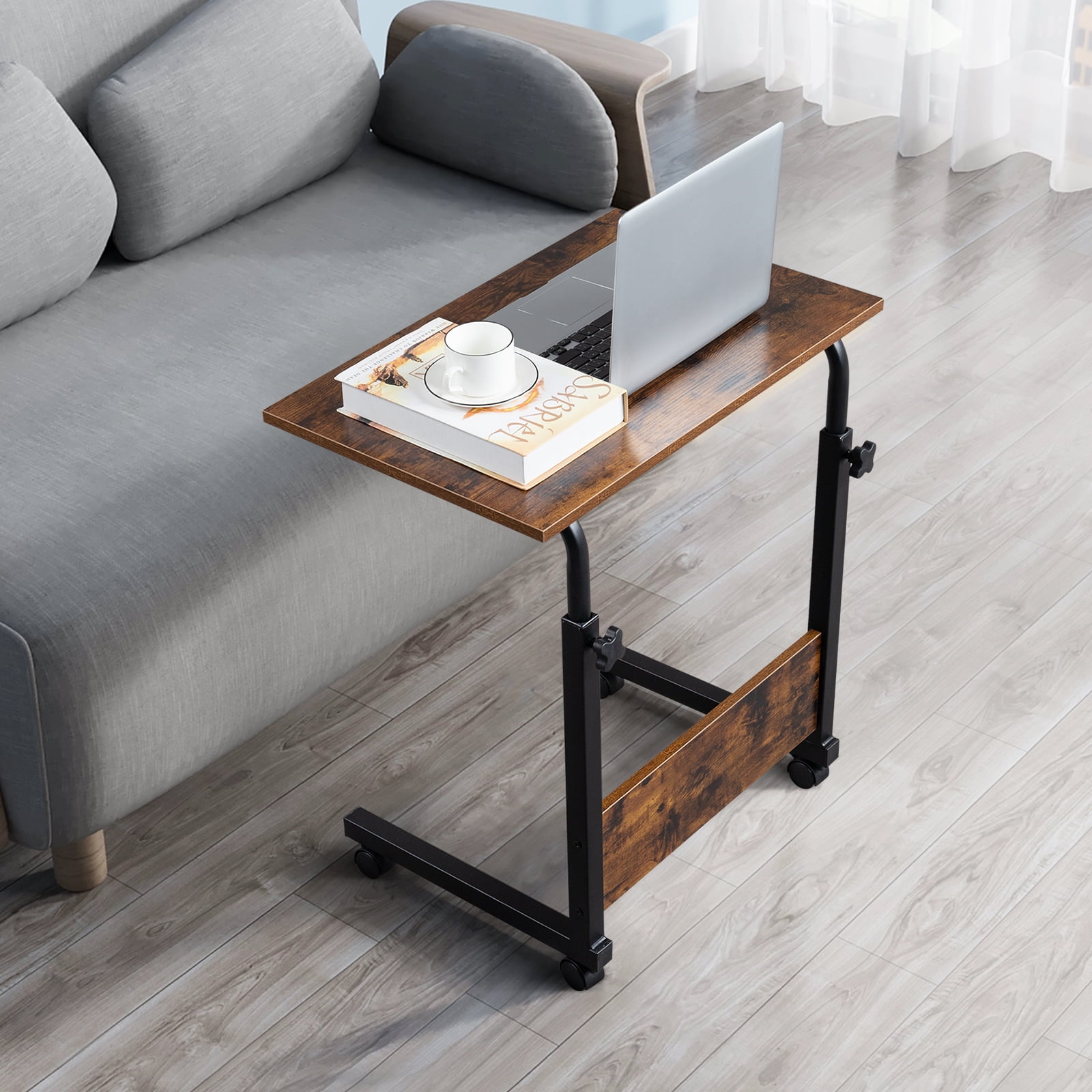 Funnil Rolling and Height Adjustable P2 Retro End Table, 15MM Chipboard and Steel, Brown