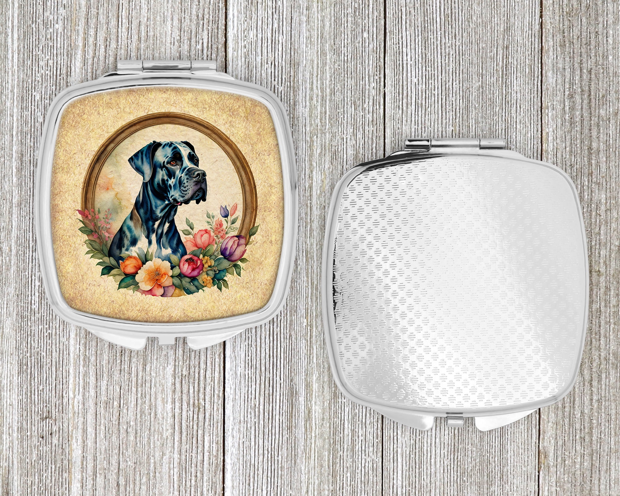 Great Dane and Flowers Compact Mirror 2.75 in x 3 in