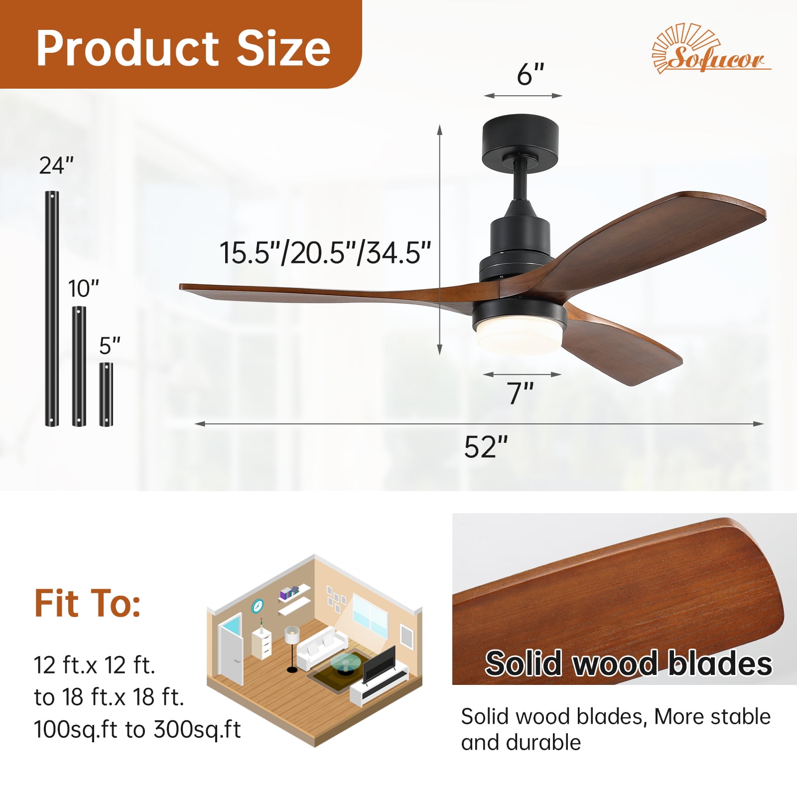 Sofucor Low Profile Ceiling Fan With Lights Remote Control 52 Inch Flush Mount Ceiling Fan Modern Wood Blade Fan For Bedroom Living Room Indoor Outdoor Farmhouse Patio, Noiseless DC Motor