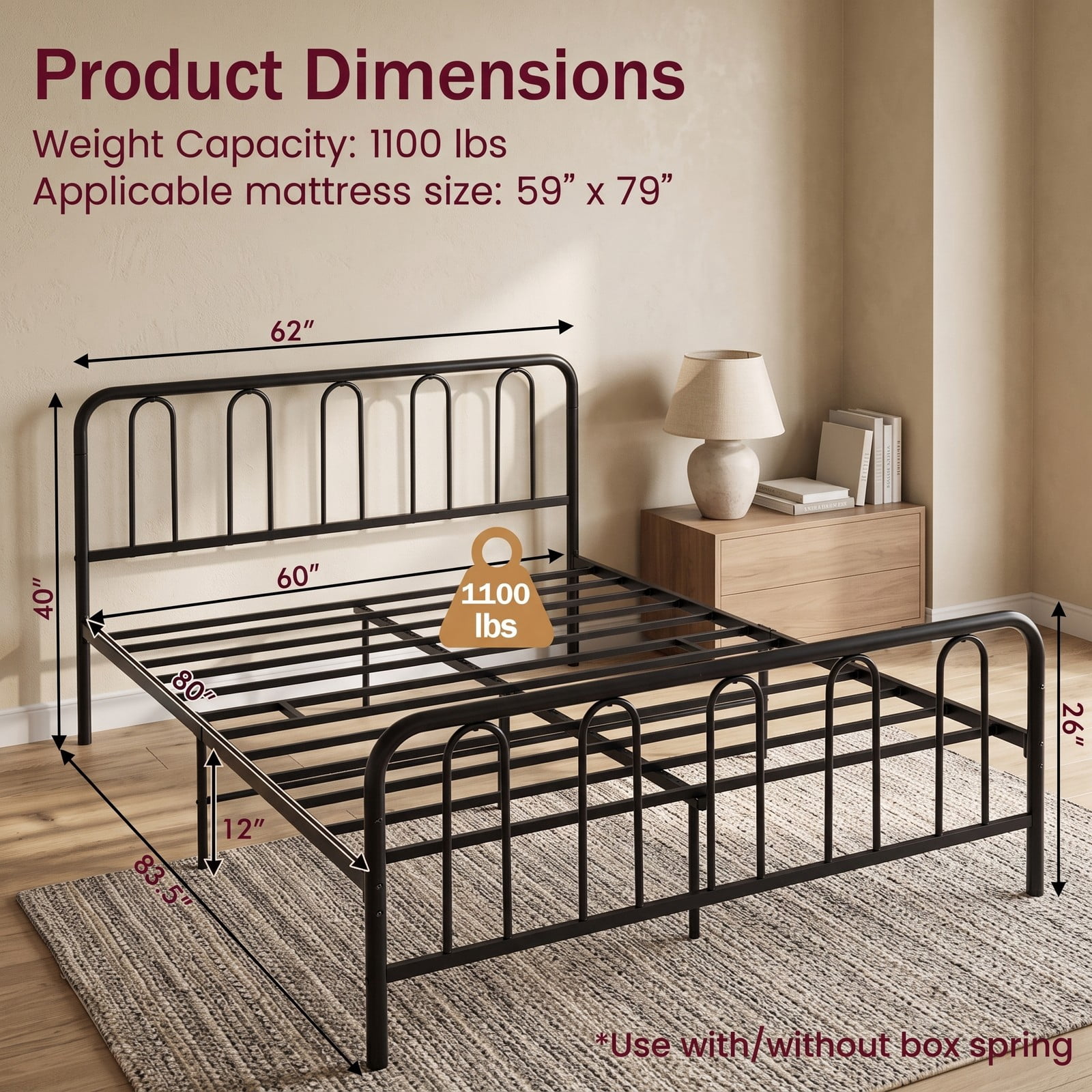Furnibear Queen Bed Frame with Headboard, Metal Platform Bed Frame with Arched Headboard, Footboard and Under Bed Storage, Black