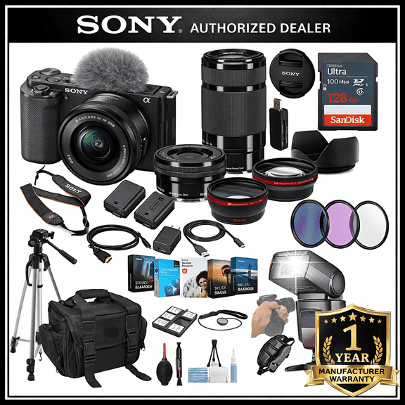 Sony ZV-E10 Mirrorless Camera with 16-50mm Lens (Black) Bundle - ILCZV-E10L/B   Sony 55-210mm Zoom Lens   Prime Accessory Package Including 128GB Memory, TTL Flash, Battery, Software Package & More