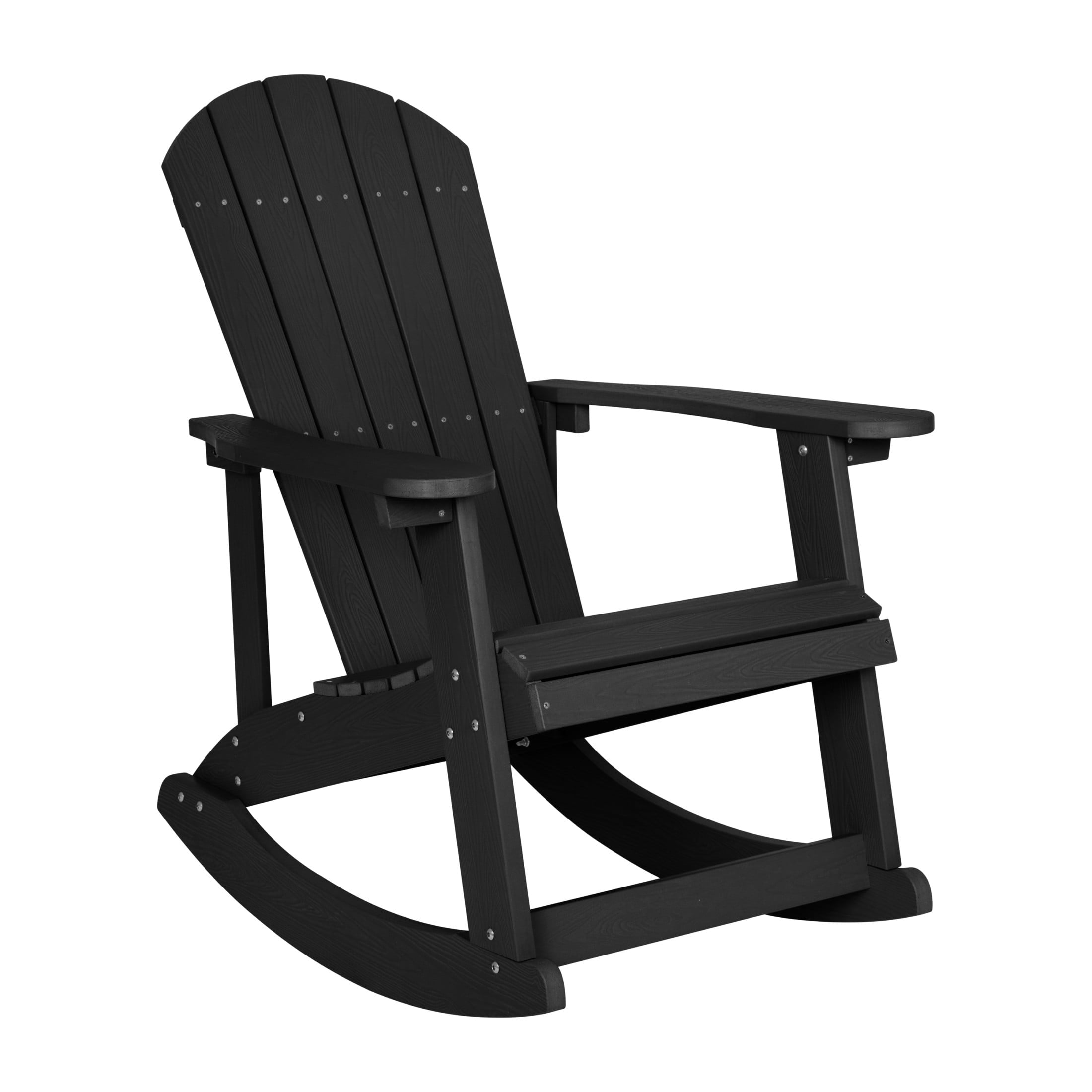 Emma + Oliver Classic All-Weather Poly Resin Rocking Adirondack Chair in Black with Stainless Steel Hardware for Year Round Use