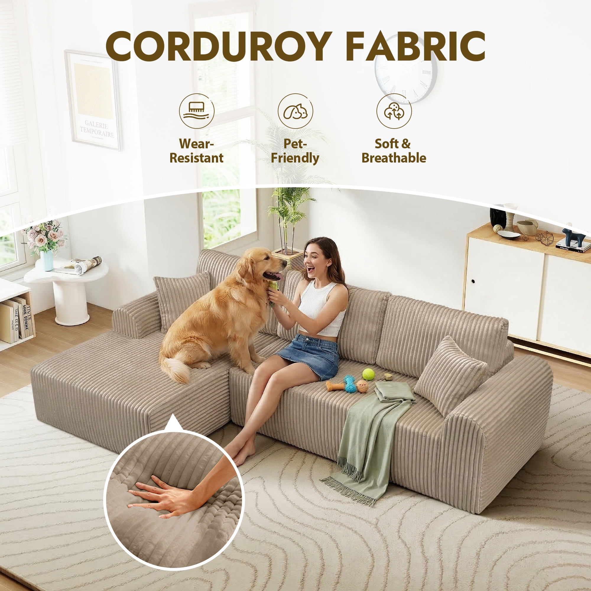Aukfa 109" Modular Cloud Sectional Sofa with L-Shape Chaise, Corduroy Upholstered Deep Seat Couch, Left Facing Chaise, No Assembly Boneless Sofa for Living Room/Bedroom/Apartment, Camel
