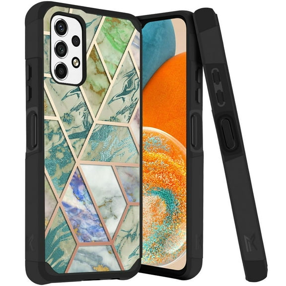ANJ Rugged Dual Layered Shockproof Slim Hybrid Case Tempered Glass Cover Compatible with Samsung Galaxy A23 5G - Nordic Marble Pattern (Green)