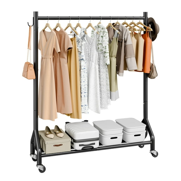 VEVOR Clothes Rack, Rolling Clothing Garment Rack with Hanging Rod and Side Hooks, 198 lbs Load Capacity, Heavy Duty Carbon Steel Clothing Racks with Wheels