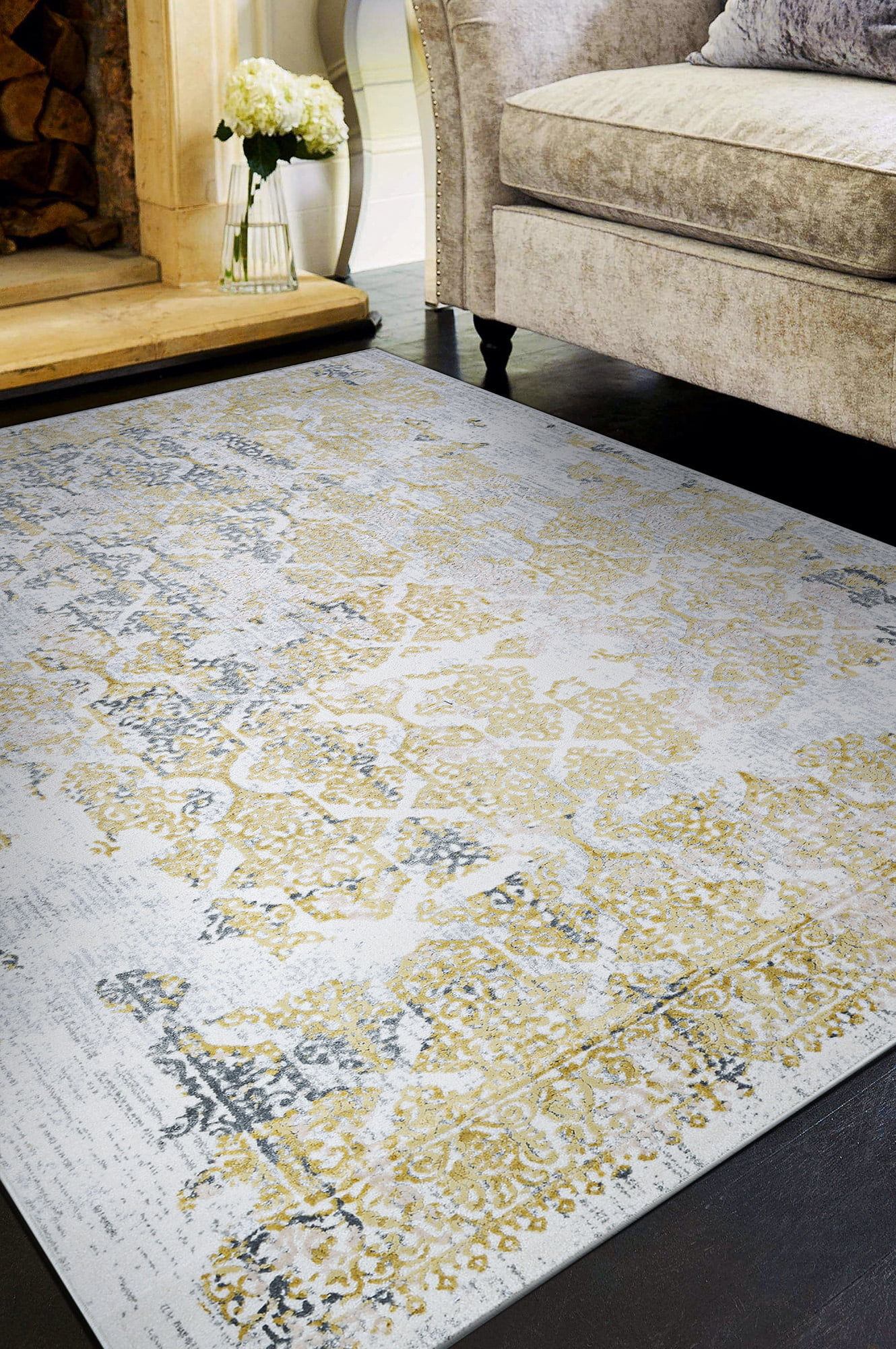 Couristan Calinda Grand Damask GoldSilverIvory Area Rug