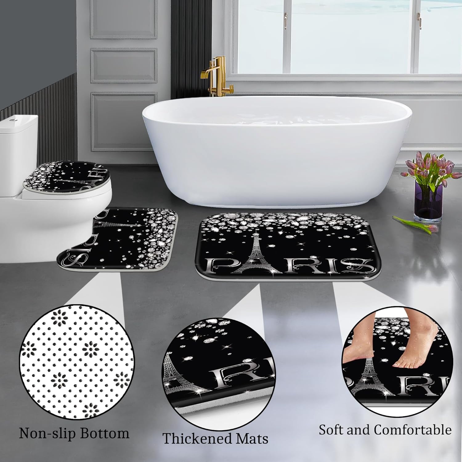 4 Pcs Bathroom Shower Curtain Set,Light Butterfly Bathroom Sets with Rugs(Bath Mat,U Shape and Toilet Lid Cover Mat) and 12 Durable Hooks 71x71in