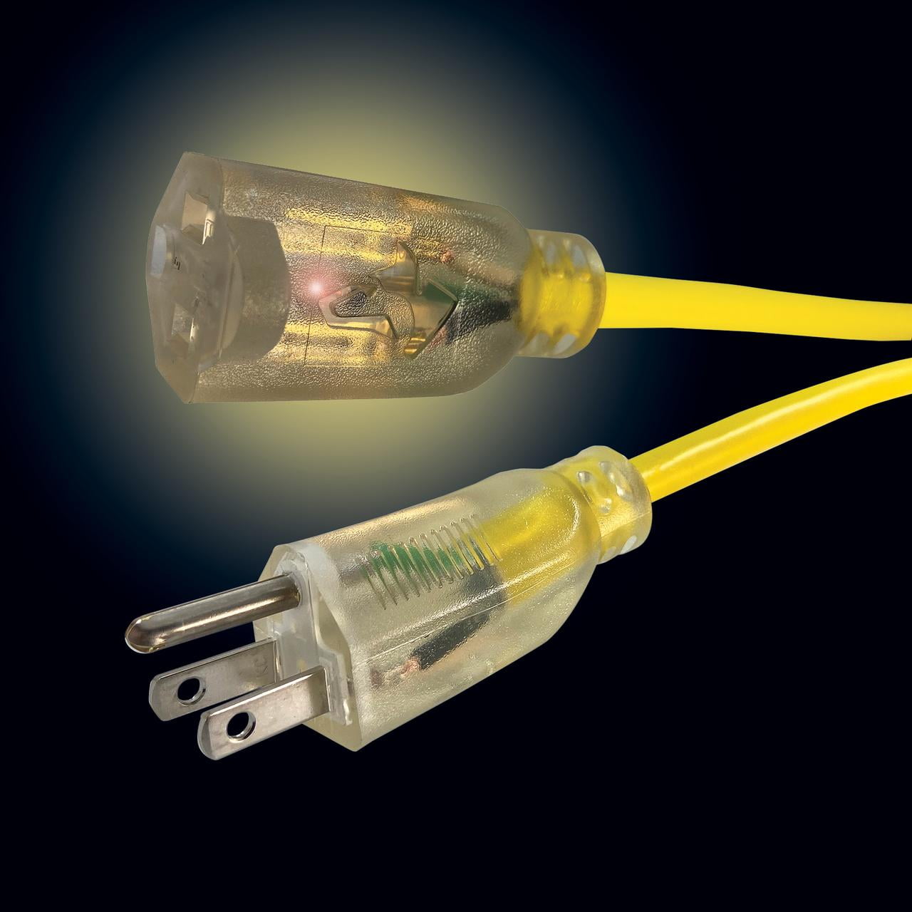 ​Hyper Tough 50-Foot 12/3 Heavy-Duty Extension Cord – Yellow Vinyl Jacket, Lighted End, Indoor/Outdoor Use, 15A/125V
