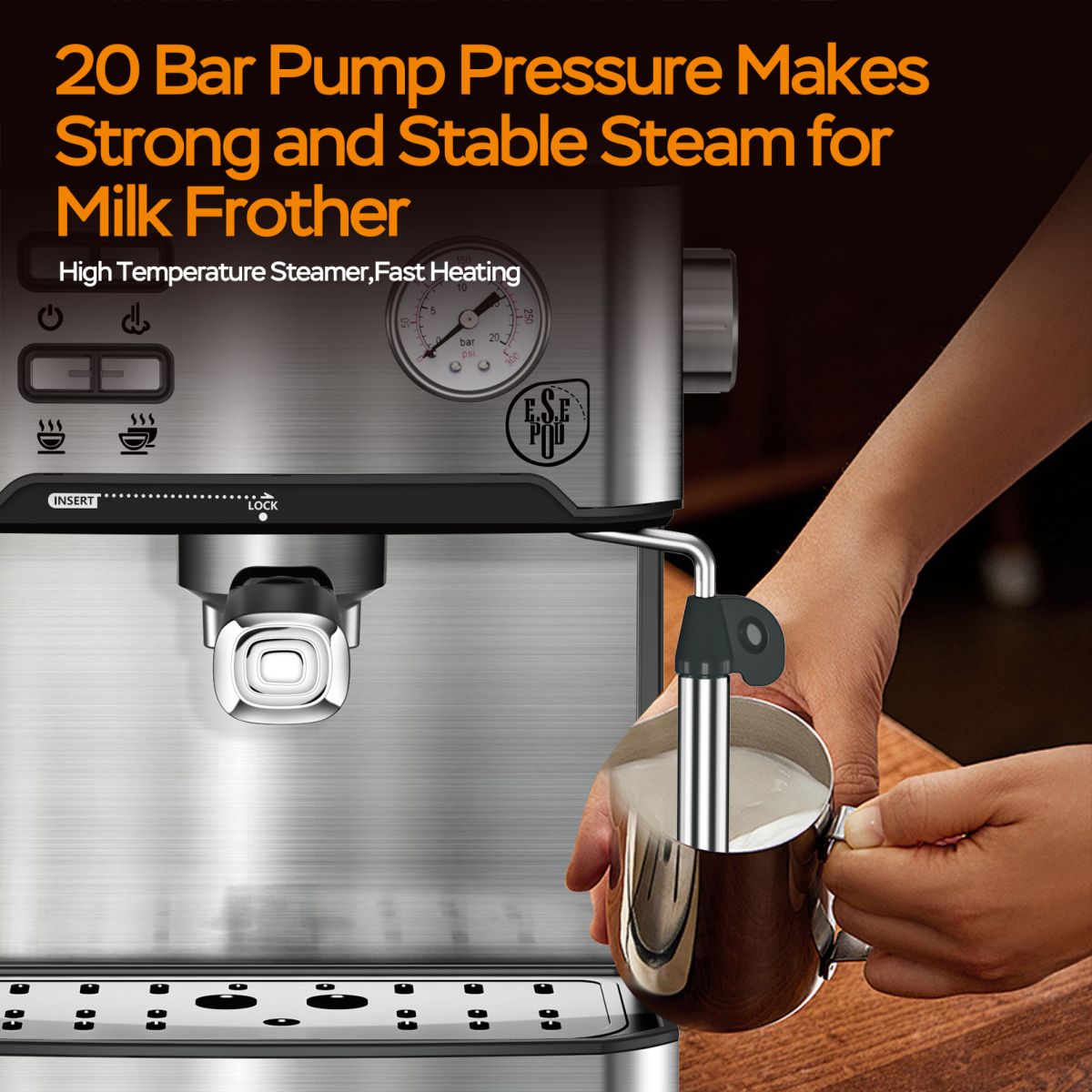 20 Bar Professional Espresso Machine with Milk Frother, Single & Double Shot, ESE Pod Compatible, Pressure Display, Removable Water Tank for Cappuccino, Latte, & Macchiato – Home Barista Edition