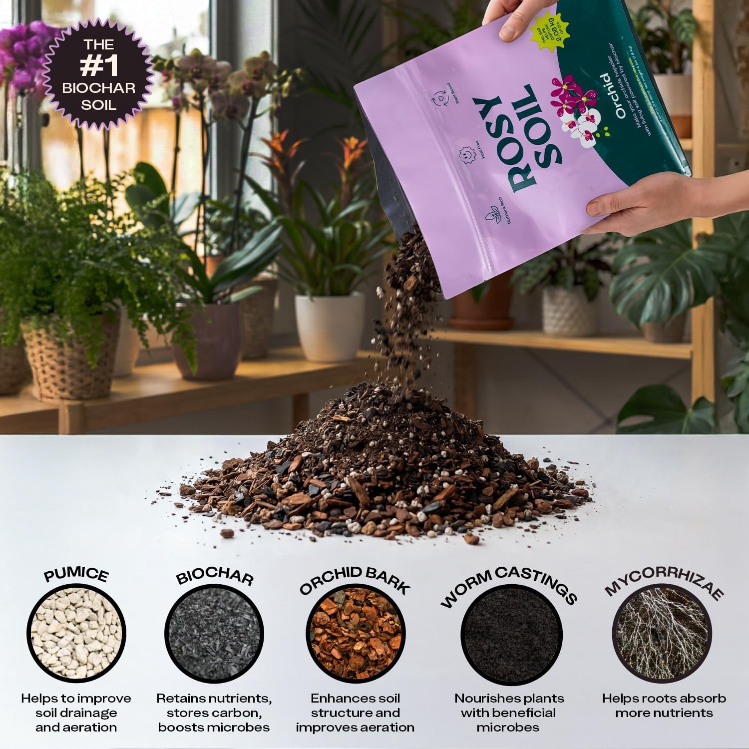 Rosy Soil Orchid Potting Mix, Coarse Fast Draining Orchid Soil with Biochar, Peat Free Mix for Healthy Roots, Indoor Orchids, 4 qt