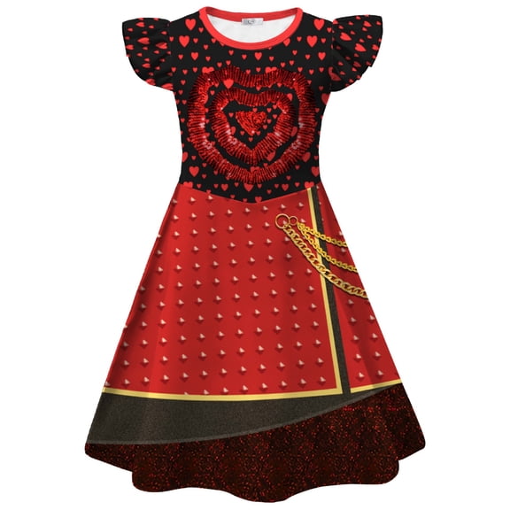 Red Black Wonderland Costume Dress, Heart Print Flutter Sleeve Fantasy Halloween Cosplay Party Outfit