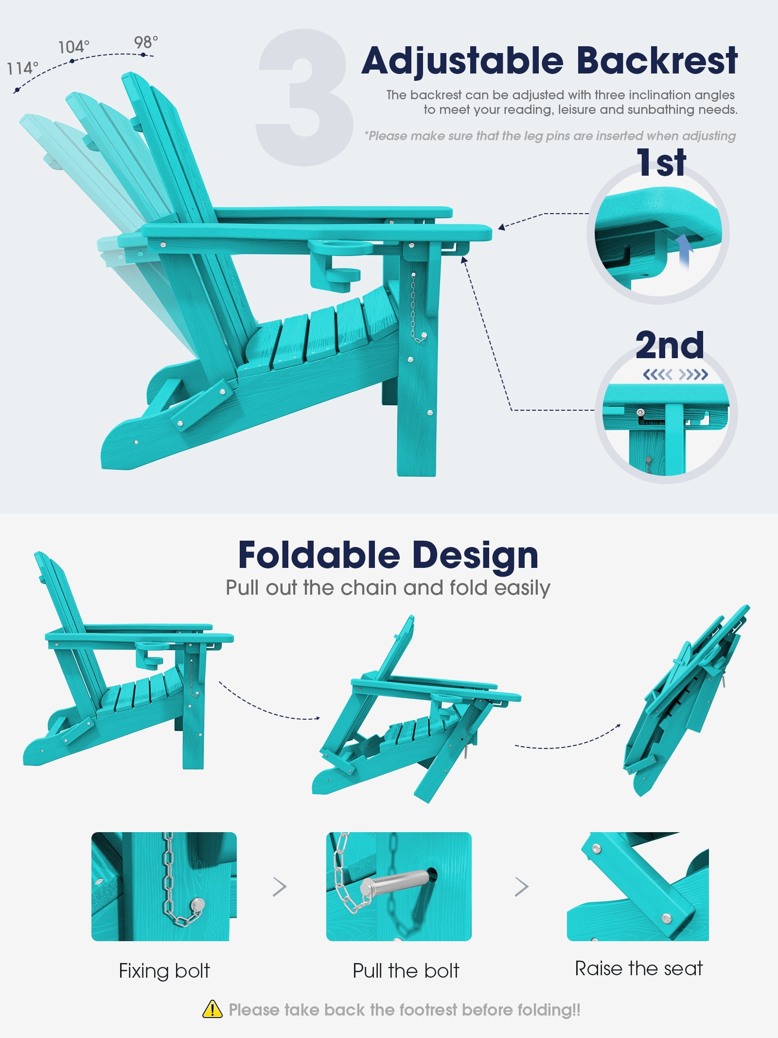 KINGYES Folding Adjustable Adirondack Chairs with Retractable Ottoman Set of 4 for Patio Garden, HDPE Outdoor Patio Chair with Footrest Aruba