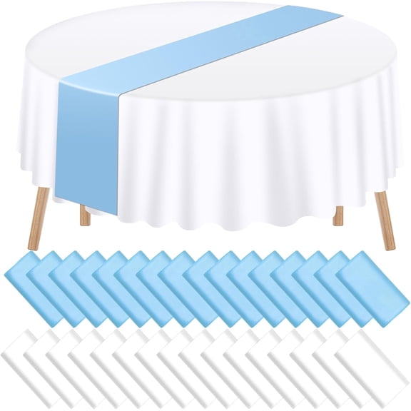 16 Pcs Tablecloths and Satin Table Runner, 84'' Round Plastic Tablecloth and 12 x 108'' Runner, White and Light Blue Disposable Tablecloth, Table Cover for Birthday Wedding Party Decor