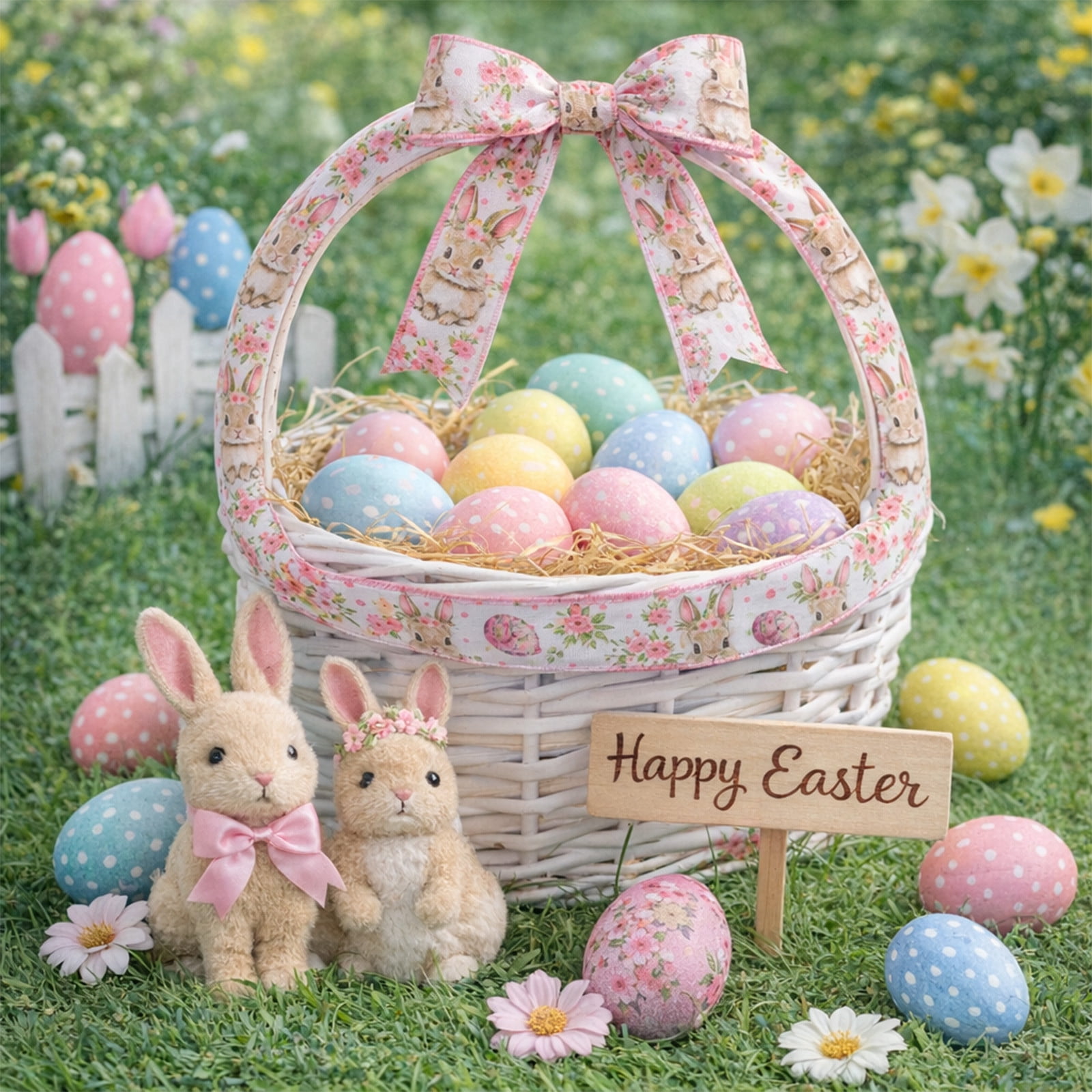 DAMAI Easter Wired Edge Ribbon Spring Floral Bunny Wired Ribbon Watercolor Easter Rabbit Flower Fabric Craft Ribbon for Gift Wrapping Floral Arrangement Wreath Bow DIY Crafts