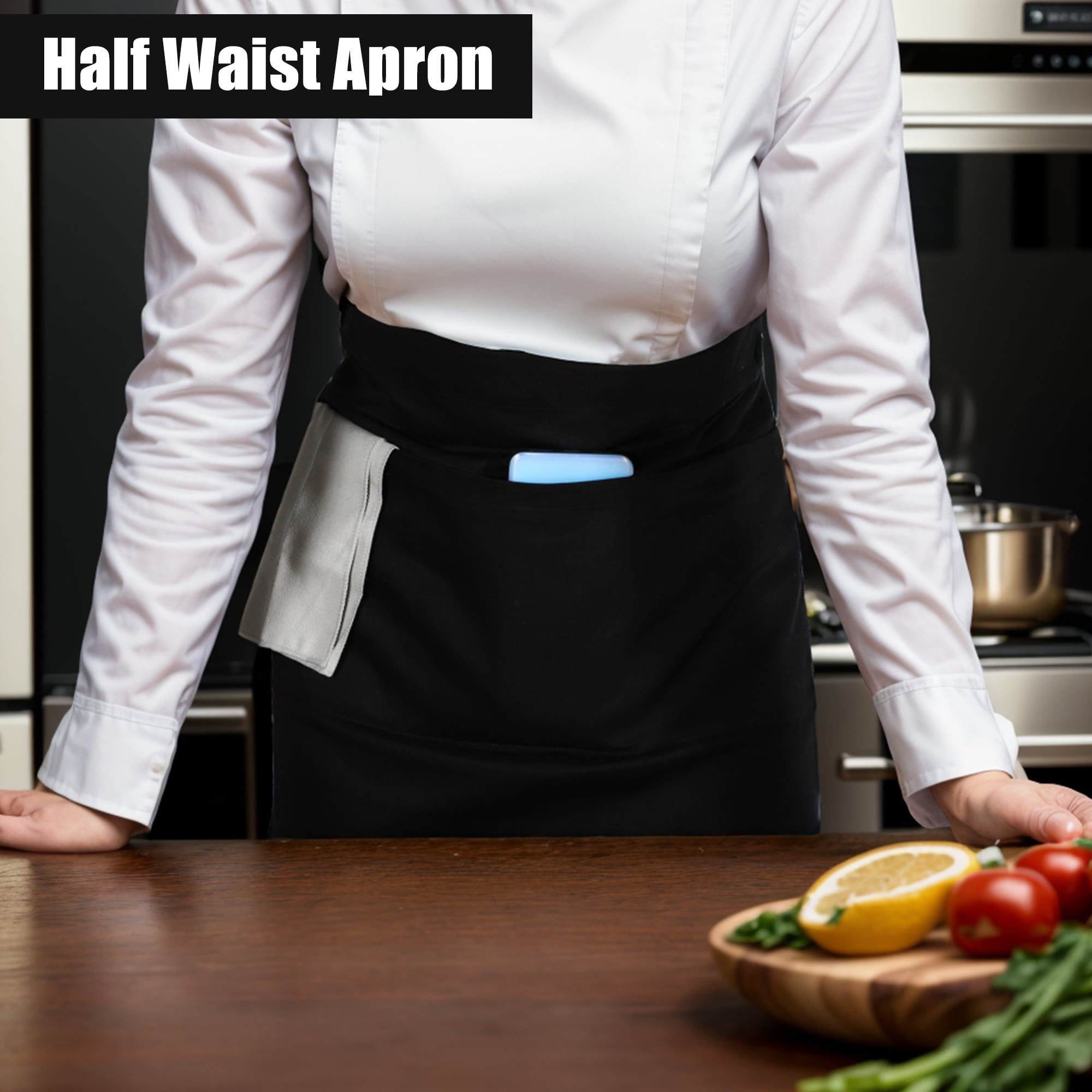 Unique Bargains Serving Cooking Versatile Waist Apron with Pockets Black