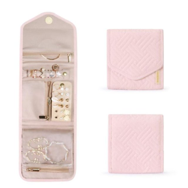 Estuche organizador de joyas de viaje, rollo de joyería plegable para anillos de viaje, collares, pendientes, pulseras, mini, rosa suave