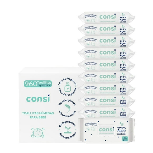 Toallitas Humedas para Bebé Consi 12 paquetes con 80 toallitas c/u (960 toallitas en total)