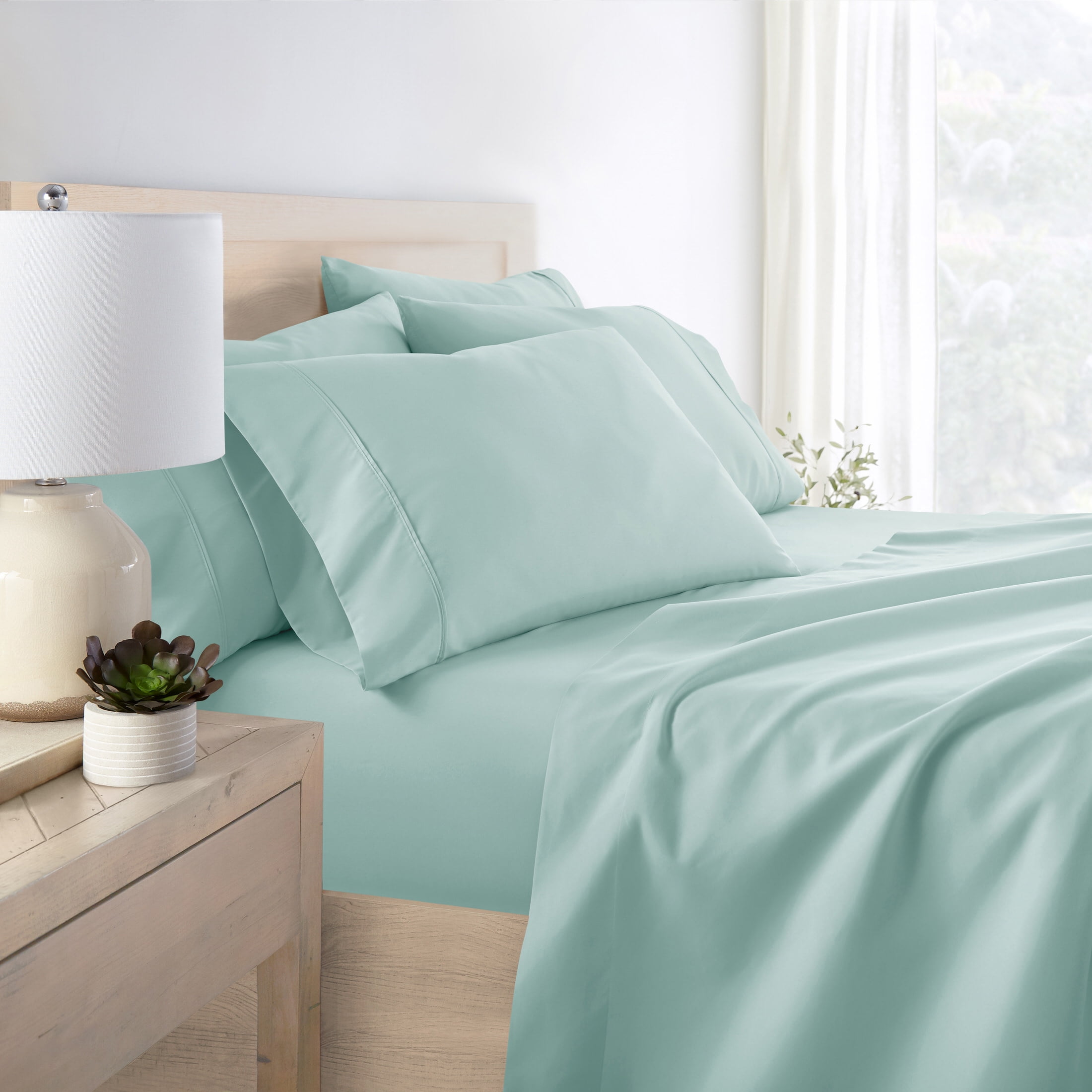 Queen, Aqua Solid Microfiber 6 Piece Bed Sheet Set, by Noble Linens
