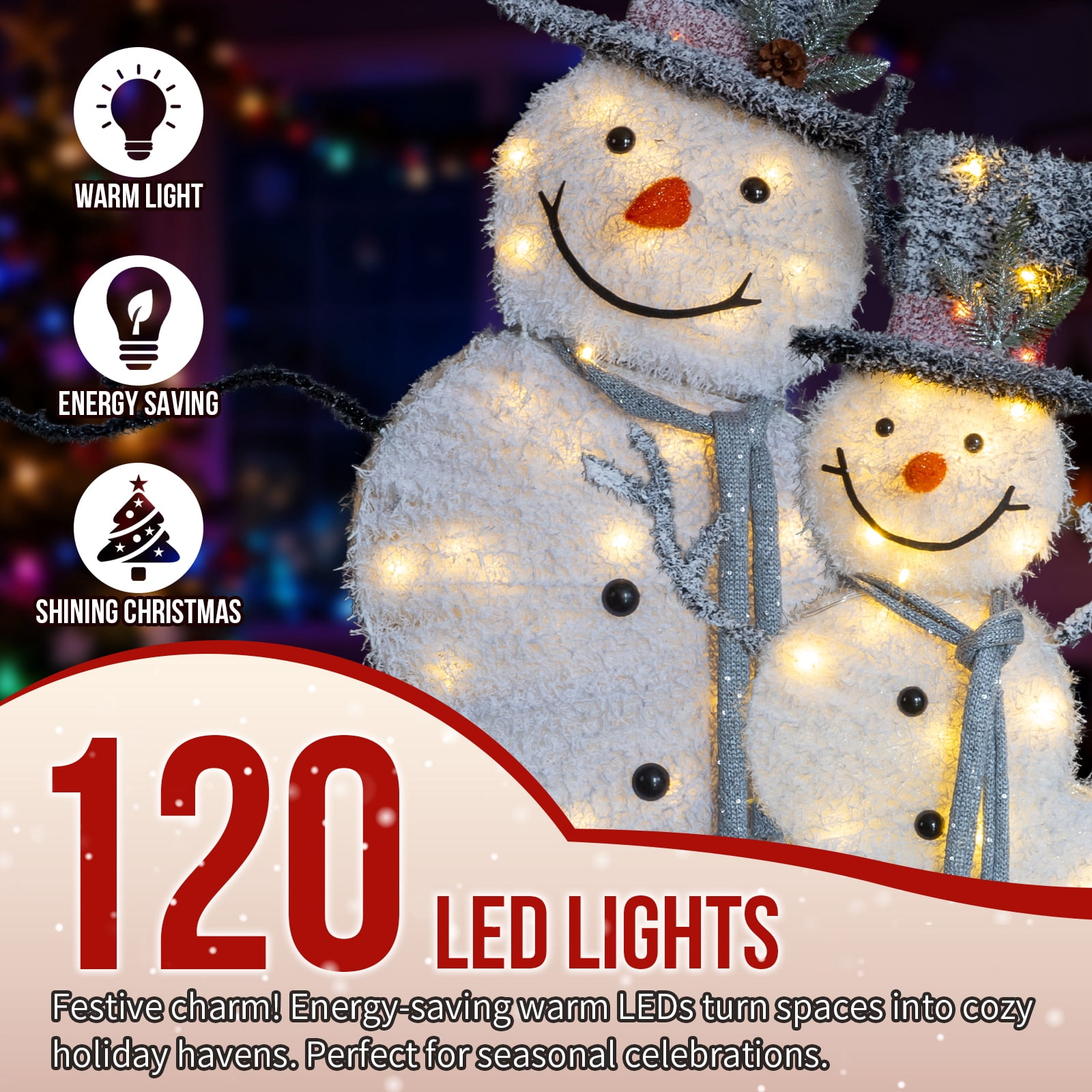 Set of 2 Lighted Snowman with Top Hat Christmas Decorations, Pre-lit 2D Holiday Decor with Warm White LED Lights for Indoor Outdoor Display