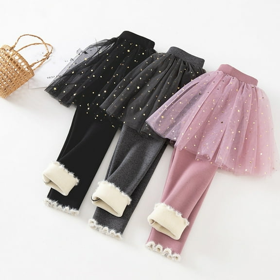 Zwiiyzr Little Girls Winter Warm Fleece Lined Footless Leggings Pants with Lace Ruffle Tutu Skirt Elastic Cotton Pants 2-9T Black