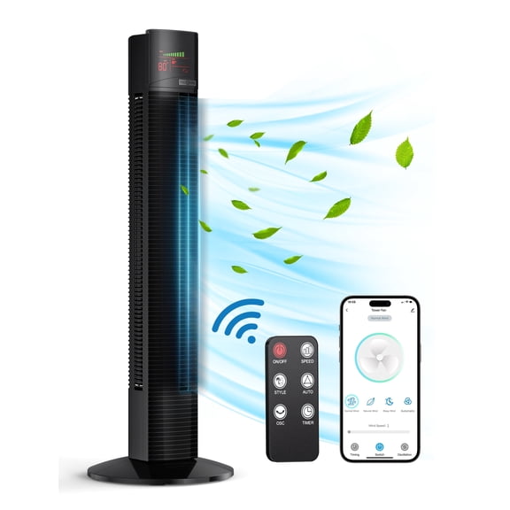 Tower Fans, 36" Standing Floor Fan with Remote/APP, 70° Oscillating Fan for Home, 24 ft/s High Velocity, LED Display, 3 Speeds, 4 Modes, 12H Timer, Quiet Bedroom Fan