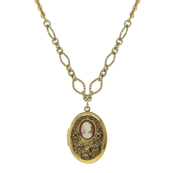 1928 Jewelry Carnelian Cameo With Flowers Oval Locket Necklace For Women 16" 3" Extender
