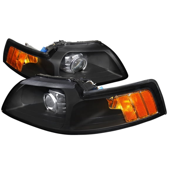 Projector Headlights w/ Amber Reflectors (Matte Black Housing/Clear Lens) Made for and Compatible with 1999-2004 Ford Mustang
