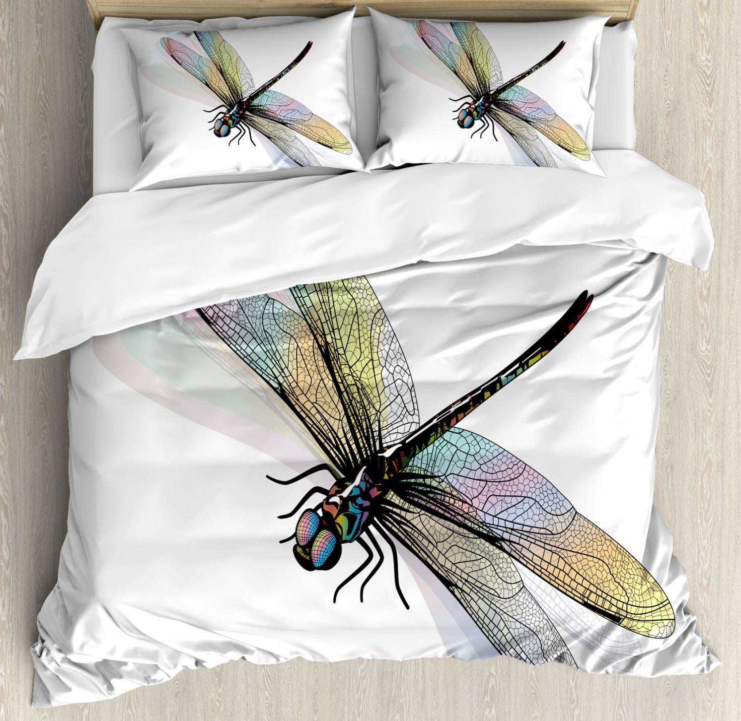 Dragonfly Duvet Cover Set, Shady Dragonfly Pattern with Ornate Lace