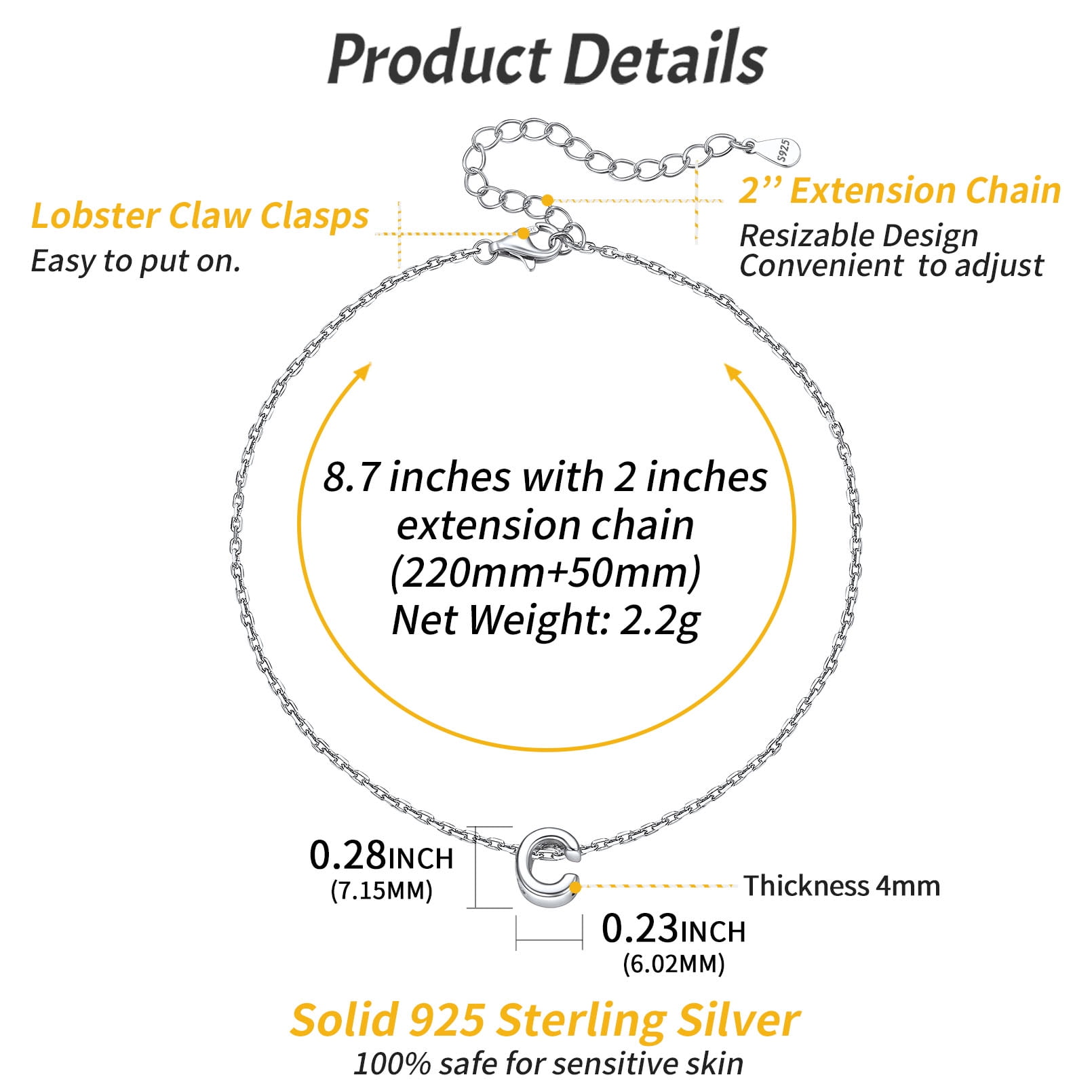 ChicSilver 925 Sterling Silver Initial Ankle Bracelets for Women, Simple Dainty Letter Initial Anklets Beach Foot Chain Alphabet Jewelry