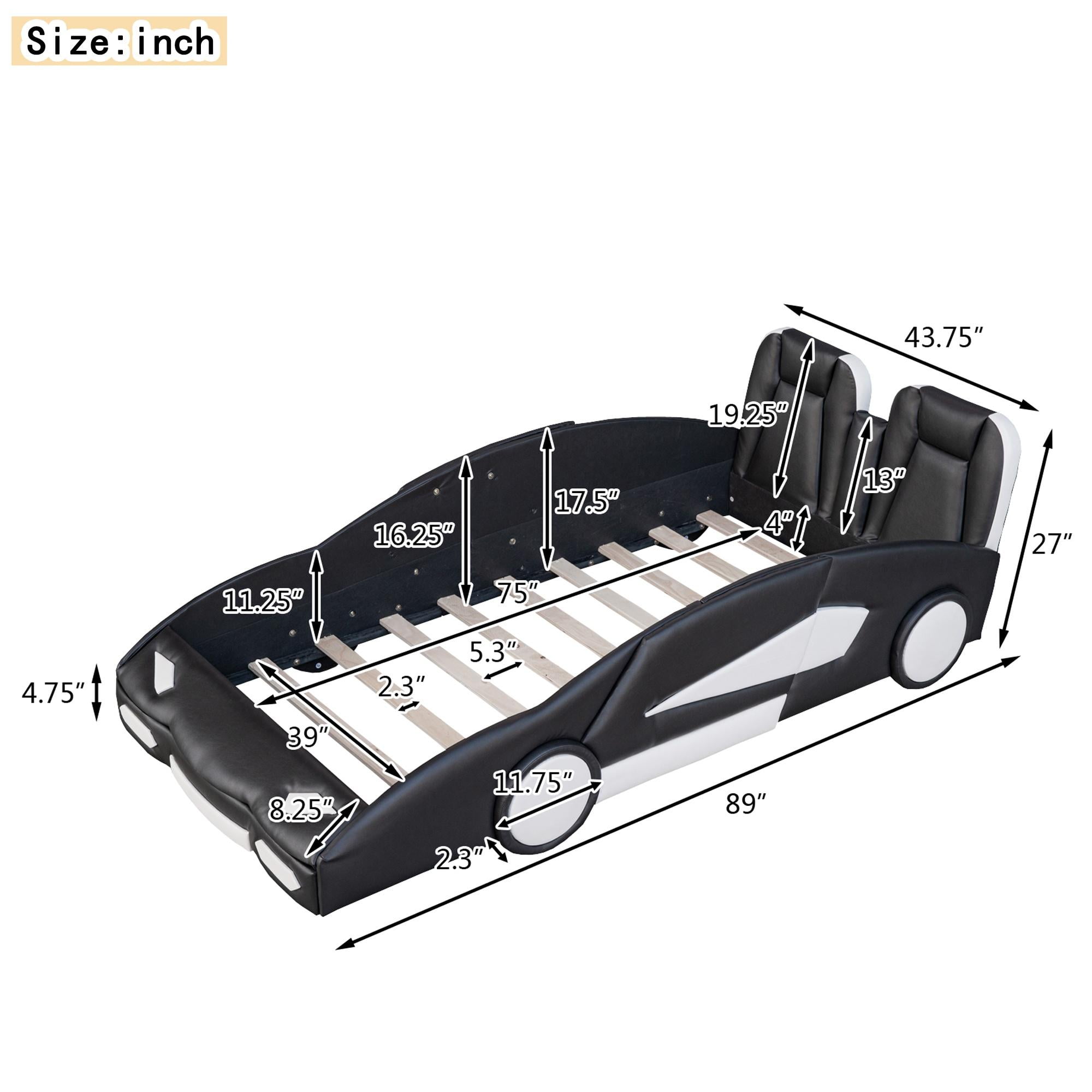 Bellemave Twin Size Race Car-Shaped Platform Bed with Wheels, Faux Leather Upholstered Boys Twin Race Car Bed, Twin Bed Frame with Slat Support（Black)