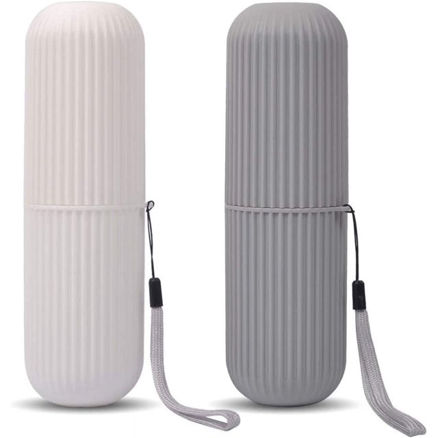 Estuche y soporte para cepillo de dientes de viaje, 2 uds., portavasos portátil para artículos de tocador de viaje de negocios para viajes y uso diario (gris + blanco)