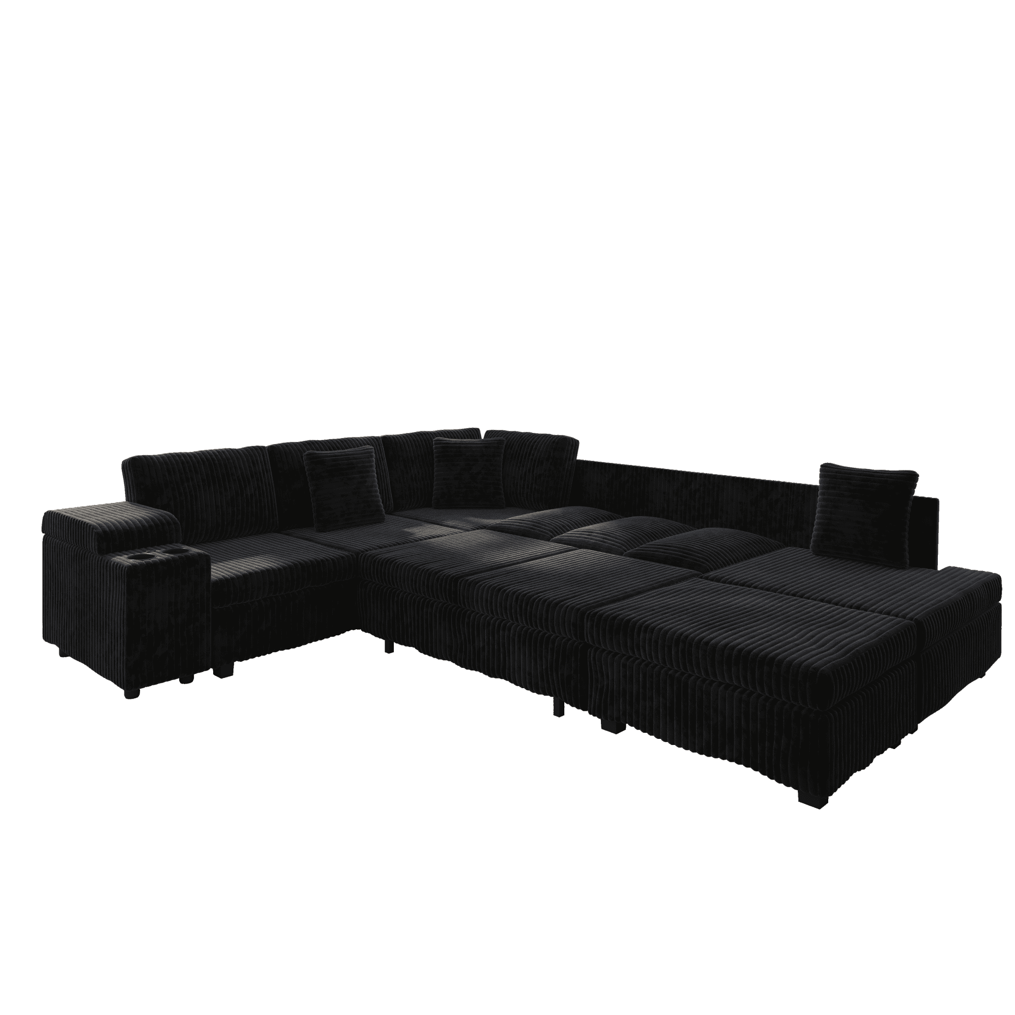 110.2" L-Shaped Sectional Sofa with Removable Ottoman, Covertible Sleeper Sofa with Hidden Armrest Storage, USB Ports & Cup Holders, Plush Corduroy Convertible Couch for Living Room, Apartment