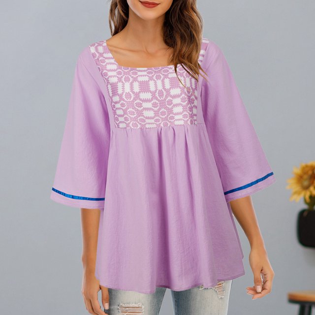Blusa vintage para mujer, cuello cuadrado, acampanada, media manga, cómoda, elegante, suelta, i Abanopi Mujeres blusa vintage