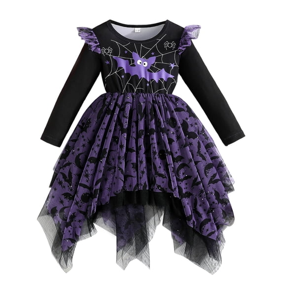 Cjfdfy Toddler Baby Girl Halloween Dress Gothic Outfit Kids Baby Girls Asymmetric Tulle Tutu Dress 9 12 18 Months 2 3 4 5 6 Years Bat Spider Web Print Long Sleeve Ruffled Fall Holiday Party Dress