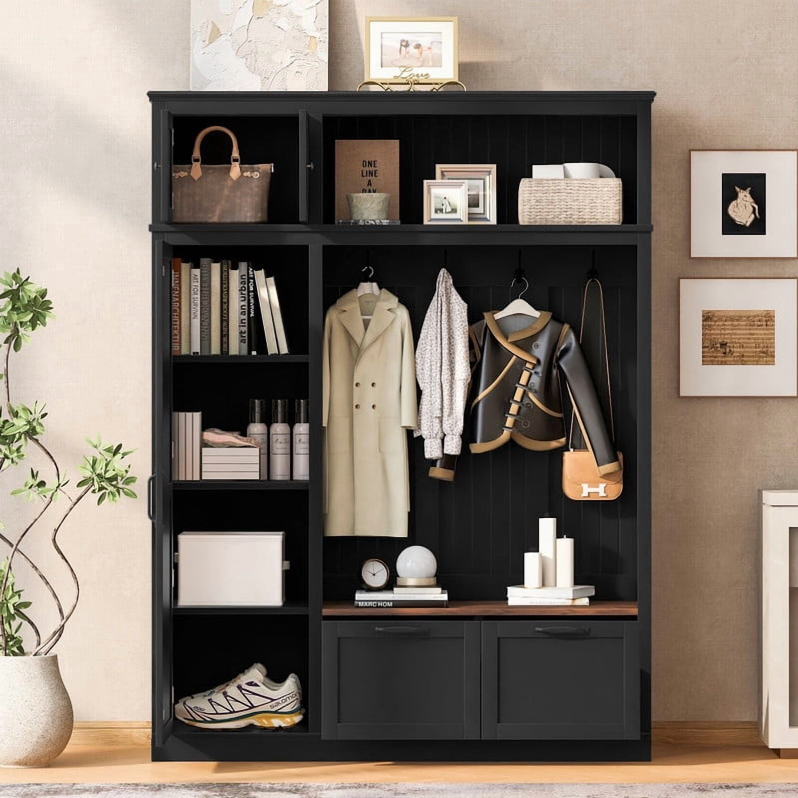 3-in-1 Hall Tree with Storage Cabinet & Adjustable Shelves, Heavy-Duty Storage Bench Entryway Organizer with Hooks & Drawers