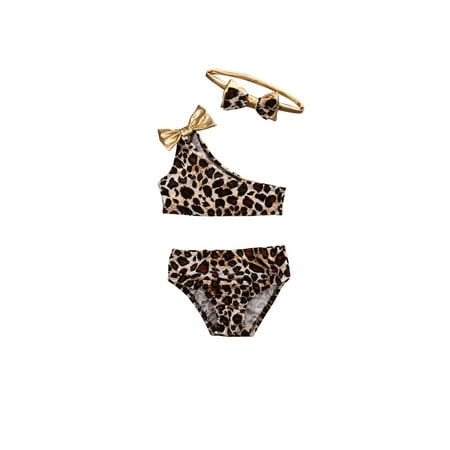 

3PCS Bikini Set with Headband Leopard Print One Shoulder Off Sleeveless Top