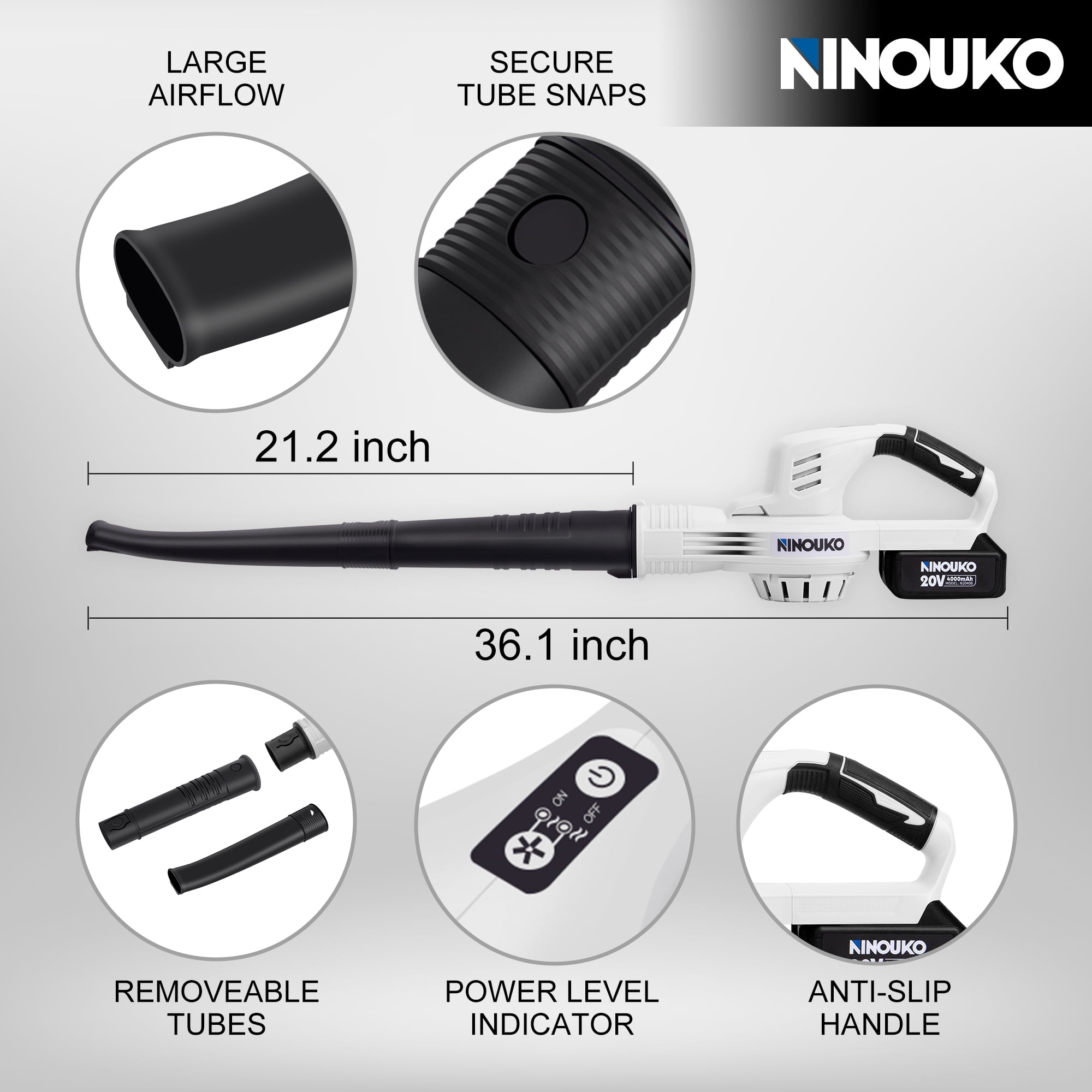 Ninouko 20V Cordless Leaf Blower 150MPH with 4.0Ah Battery and Charger for Lawn Care, Garage, Snow