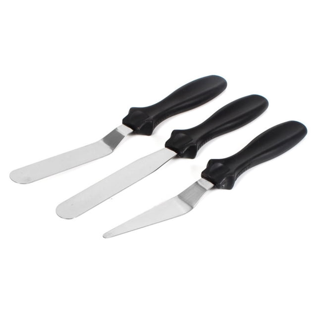 Juego de 3 espátulas de acero inoxidable para hornear, espátulas de plástico reutilizables de acero inoxidable de grado alimenticio para crema de pasteles, espátula para glaseado, color negro