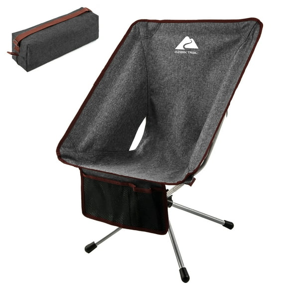 Chaise pliante compacte Ozark Trail, capacité de charge de 102 kg, cadre en acier robuste, tissu en polyester vintage, couleur noire, sac de transport inclus.