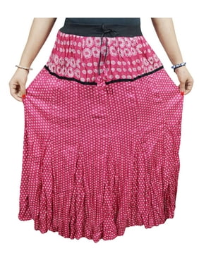 Mogul Women's Indian Ethnic Skirt Elastic Waist Pink Printed Summer Long Maxi Skirts