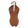 thumbnail image 6 of yoeyez Slimming One Piece Swimsuits for Womens Ruched Tummy Control Cutout Bathing Suit Backless Lace Up Halter Monokini Swim Suits Retro Swimwear Brown,XL, 6 of 7