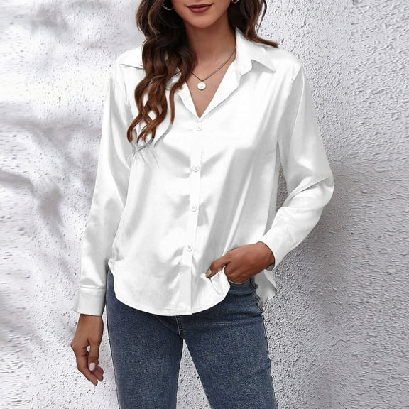 ICHUANYI 2023 Women's Button Down Solid Color Shirts Loose Long Sleeve Blouses V Neck Casual Work Tops