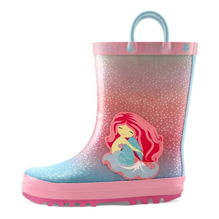 

Kushyshoo Kids Rain Boots for Girls Toddler Waterproof Rubber Cute Mermaid Print with Easy-On Handles Size 1