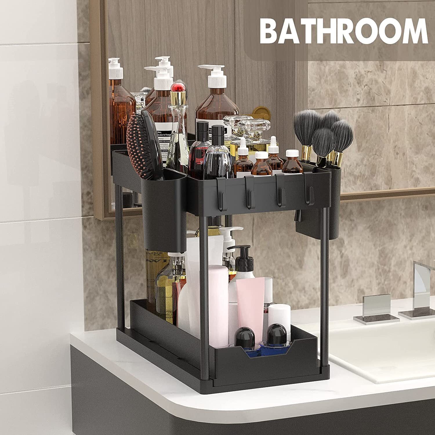 Under Sink Organizers and Storage, 1 Pack Large Capacity Heavy Load Pull-out Under Sink Shelves with Sliding Drawer for Kitchen and Bathroom, Black, 15.74 x 8.66 x 12.99 inch