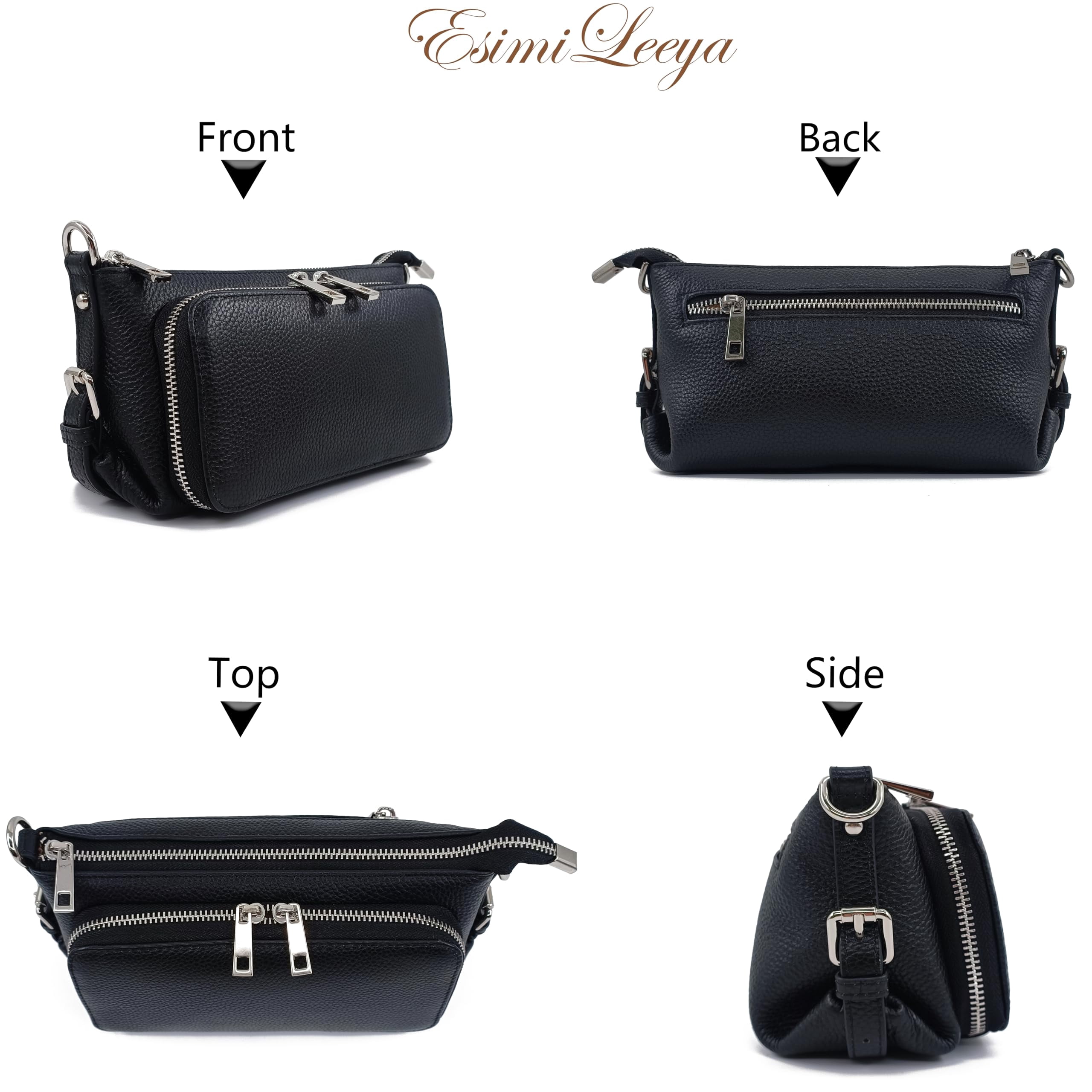 PORT&LOTUS Black Slim Genuine Leather Crossbody Purses for Women with Shoulder Strap